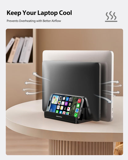AboveTEK Vertical Laptop Stand, 3 Slots Aluminum Desk Laptop Holder & Laptop Docking Station Stand for MacBook, Tablet, Phone - Universal Fit (Up to 17.3") - Heavy Duty Polished, Anti Slide - Silver