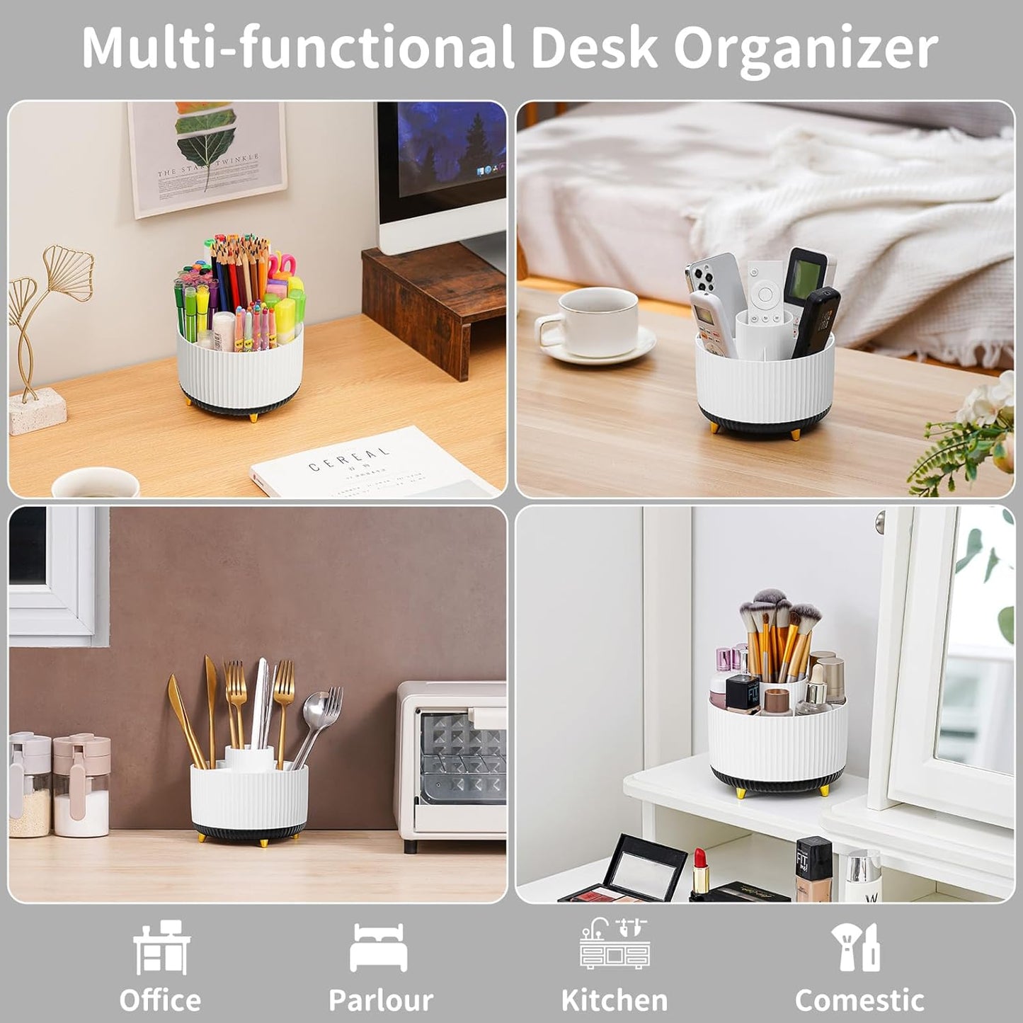 Marbrasse Desk Organizer, 360-Degree Rotating Pen Holder, Desk Organizers and Accessories with 5 Compartments Pencil Holder, Art Supply Storage Box Caddy for Office, Home（White）