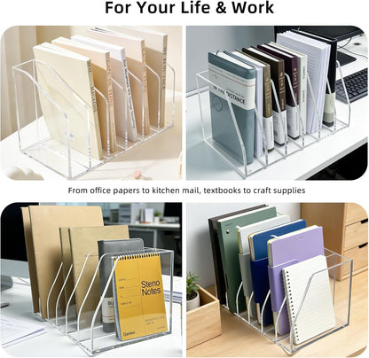 Acrylic Magazine File Holder, 4 Vertical Compartments Desk Document Sorter Organizer, Clear Folder Rack Binder for Office, Documents, Tablets, Magazines, Books – Home/Classroom Rack