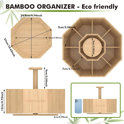 CraftGenes Bamboo Rotating Pen Organizer for Desk, 360° Spinning Desk Organizer with 10 Compartments, Wooden Pencil Holder, Desk Caddy for Office Supplies, Marker Organizer for Office Home School