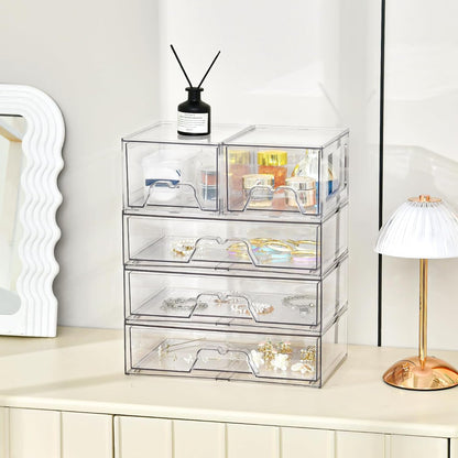 Stebopum 6 Pack Stackable Makeup Organizer, 4.4'' Tall Acrylic Bathroom Makeup Organizer and Storage Drawer with Pull-out Handle, Clear Plastic Storage Bins for Vanity,Pantry,Desk,Undersink,Kitchen