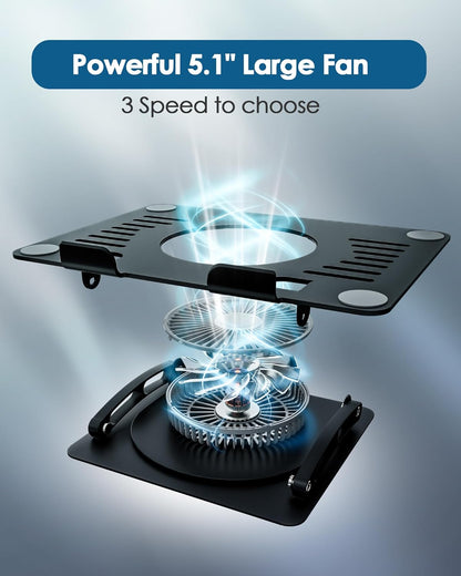 SHUWEI Laptop Cooling Stand with 3 Speed Fan, Adjustable Height Laptop Stand for Desk, Ergonimic Aluminum Laptop Cooling Pad for 10-15'' Notebook - Black
