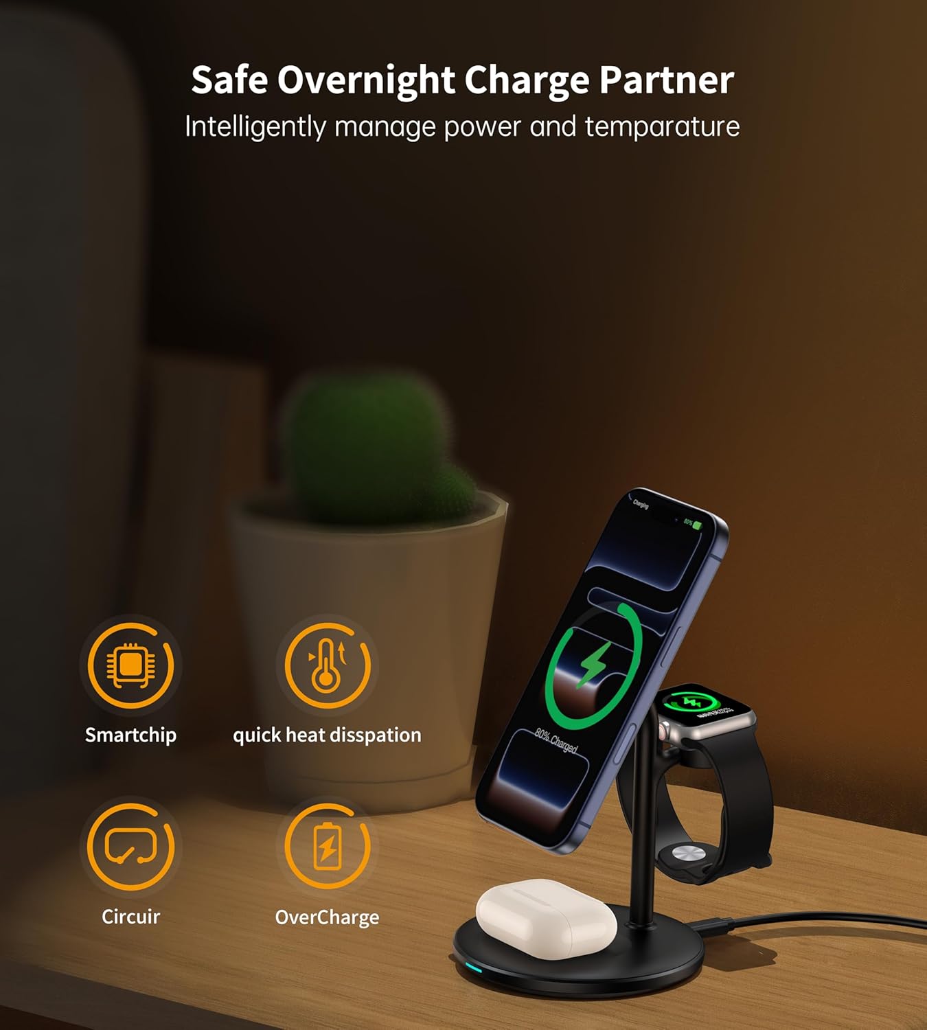 XooFly 3 in 1 Wireless Charging Station for Apple Devices, Fast Wireless Mag-Safe Charger Stand with 20W Adapter for iPhone 17 16 15 14 13 12 Pro Max/Air/Plus/Pro,iWatch,AirPods-Gift for Wife&Husband