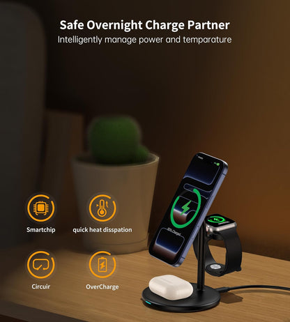 XooFly 3 in 1 Wireless Charging Station for Apple Devices, Fast Wireless Mag-Safe Charger Stand with 20W Adapter for iPhone 17 16 15 14 13 12 Pro Max/Air/Plus/Pro,iWatch,AirPods-Gift for Wife&Husband