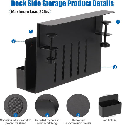 Desk Side Storage, Under Desk Laptop Mount, Table Side Hanging File Organizer, No Drill Clamp On Cable Management Tray, Laptop Holder with Magnetic Pen Holder for Office and Home