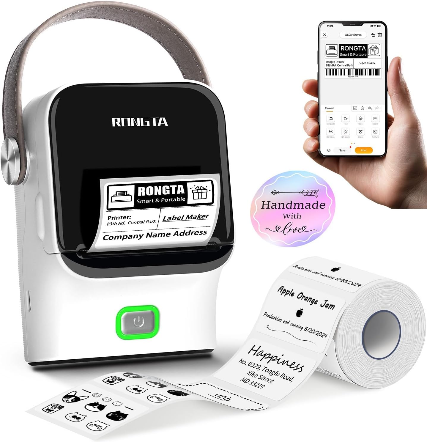 Rongta Bluetooth Label Maker Machine with Tape, Thermal Label Printer for Office, Small Business Essentials, Home Organization, Portable Inkless Sticker Label Maker with 2x1.18 inch Labels