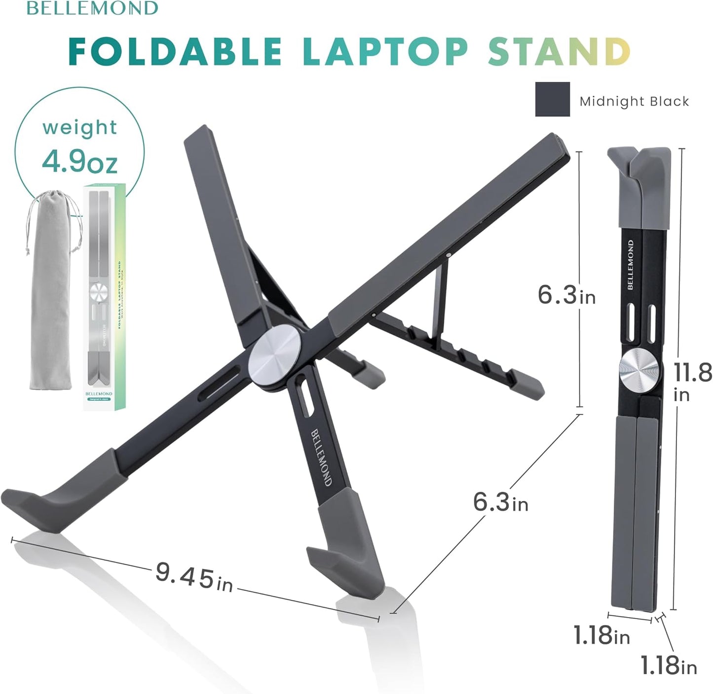 BELLEMOND Foldable Portable Laptop Stand | Ultralight Travel Riser | X-Frame Adjustable Aluminum | Fits MacBook, Dell, HP, Lenovo 10-17.3" | Carry Pouch | Space Silver