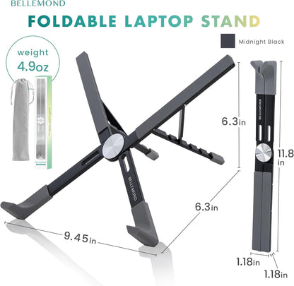 BELLEMOND Foldable Portable Laptop Stand | Ultralight Travel Riser | X-Frame Adjustable Aluminum | Fits MacBook, Dell, HP, Lenovo 10-17.3" | Carry Pouch | Space Silver