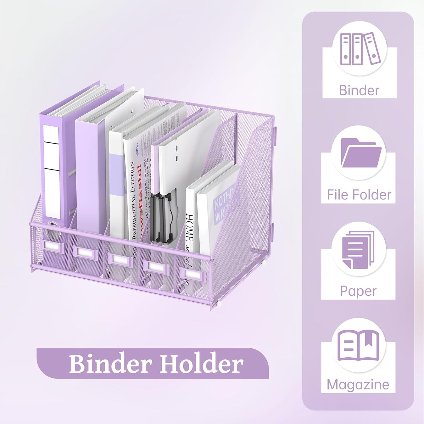 SUPEASY Desk Organizers Metal Desk Magazine File Holder with 5 Vertical Compartments Rack File Organizer for Office Desktop, Classroom, Home Workspace, Black