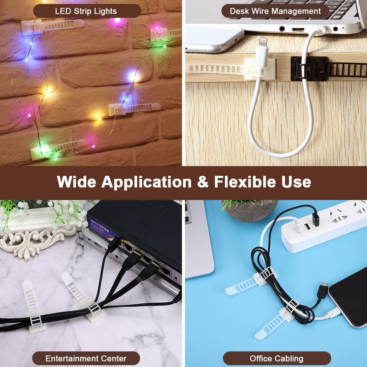 50Pcs Adhesive Cable Management Clips with 50Pcs Zip Ties, Adjustable Nylon Cable Strap Ties Wire Clips Clamps Organizer with Strong Adhesive Tape, Extra Screw & Hole - 3.35 Inch Black