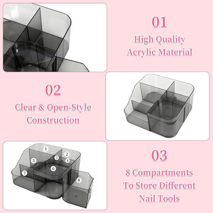BQAN Transparent Acrylic Nail Desk Organizer with Spinning Drawer, Drill & Brush Holder, Desktop Manicure Tool Storage for Nail Techs, Makeup, Skin Care (Black) - Professional Salon or Home Use