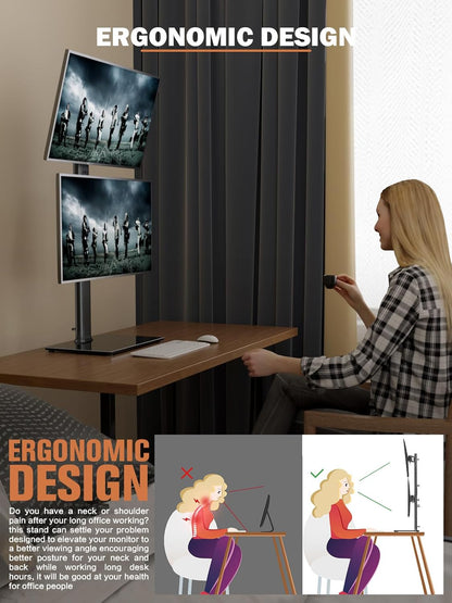 Dual Monitor Stand - Vertical Stack Screen Free-Standing Monitor Riser Fits Two 13 to 34 Inch Screen with Swivel, Tilt, Height Adjustable, Holds One (1) Screen up to 44Lbs HT05W-002 White