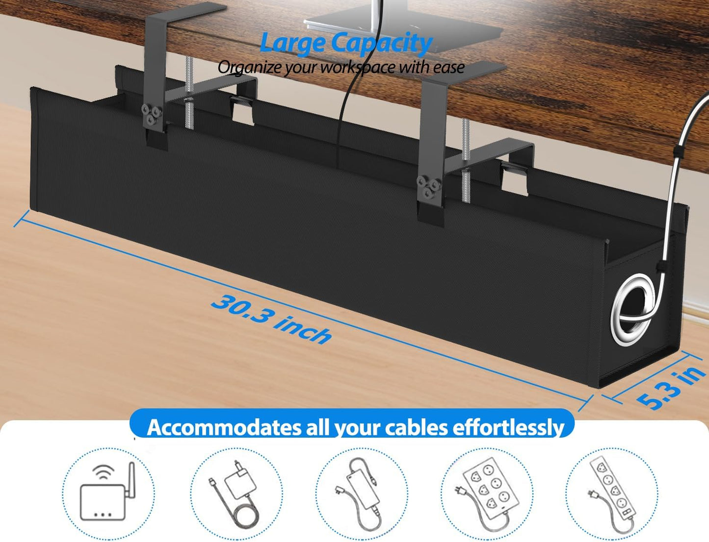 Under Desk Cable Management Tray, 30" Cord Organizer for Table with Oxford Fabric, 60LBS Capacity, No Drill Installation, Cable Management Fits Most Desks, Gaming Setup & Home Office