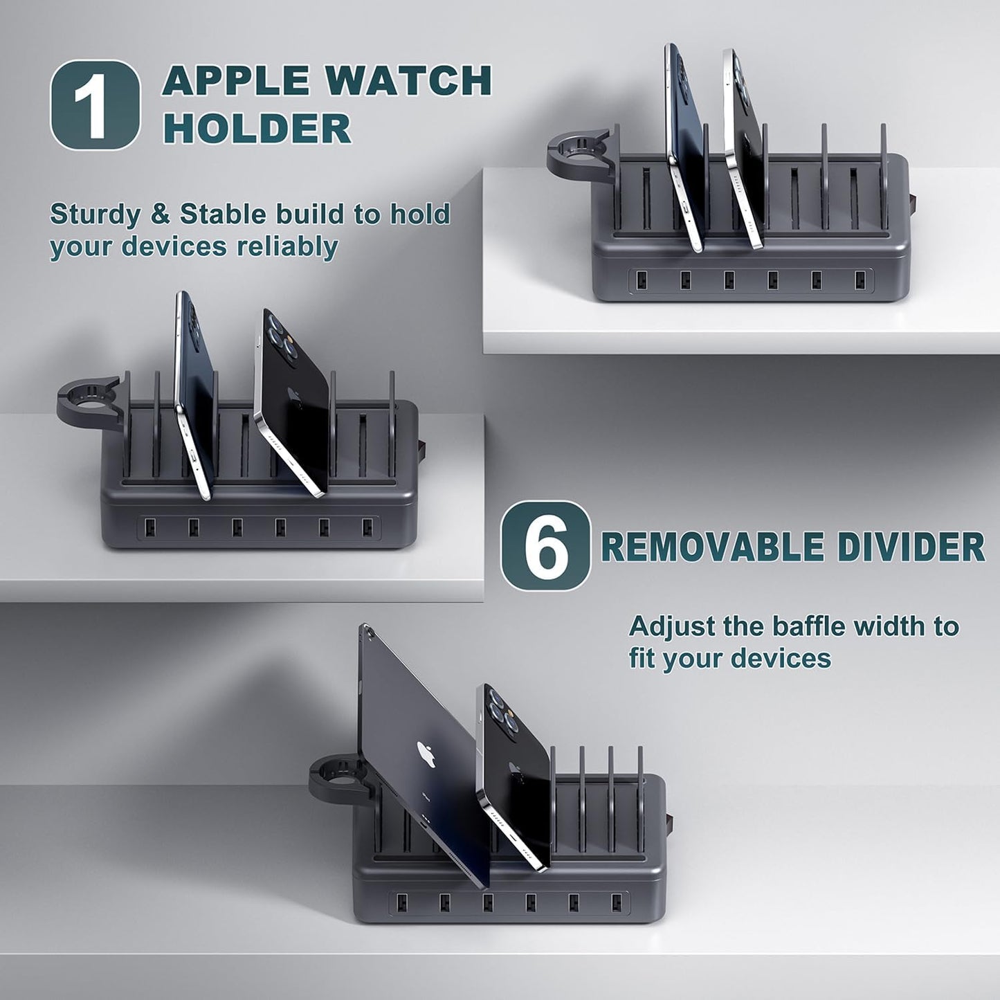 Charging Station for Multiple Devices, 6 Port 50W Fast Multi Charger Station Charging Dock with 6 Mixed Charging Cables for iPhone, iPad, Kindle, Tablet, Cellphone and Others