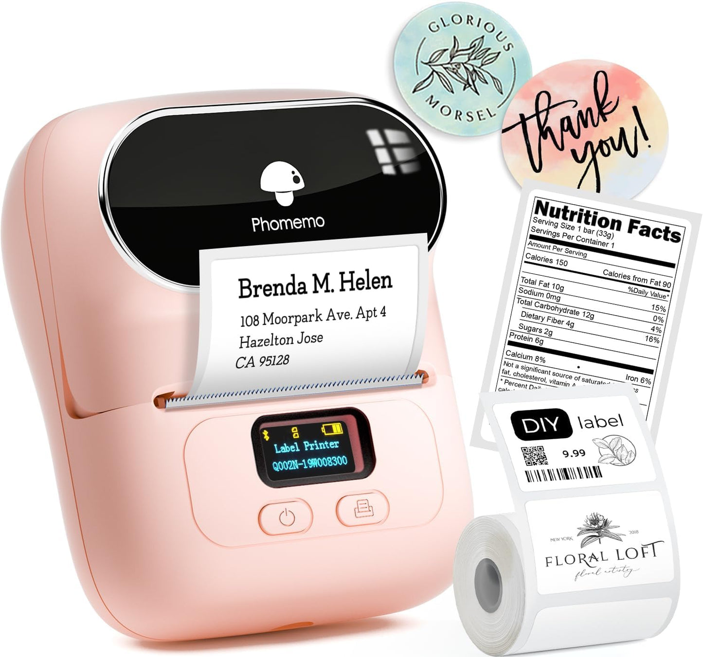 Phomemo Label Printer M110- Small Address Label Maker Bluetooth No Ink Portable for Small Business, Address, Office, Home for Phone; for PC/Mac(USB), with 100 Labels, Baby Pink