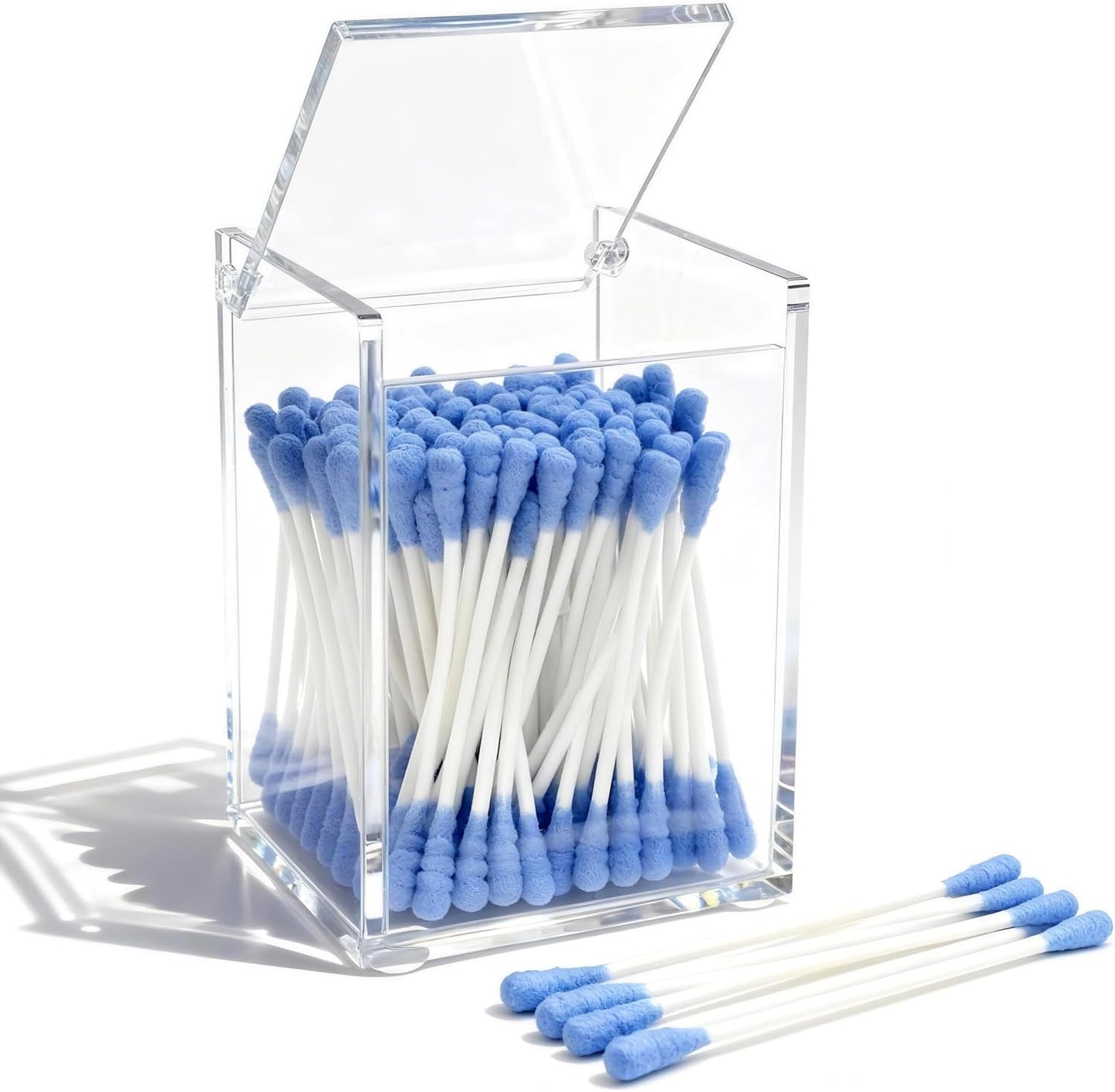Clear Acrylic Cotton Swab Ball Holder Qtip Organizer with Lid 2-Grid Canister for Make Up Pads, Floss Picks, Vanity Storage,Bath Salts, Cosmetics, Home Bathroom Decor (DP004)