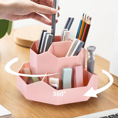 Pencil Pen Holder for Desk, 9 Slots 360 Degree Rotating Desk Organizer, Cute Pen Organizers Stationery Supplies for Office Home & Art Supply (Beige)