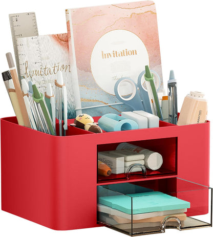 Marbrasse Pen Organizer with 2 Drawer, Multi-Functional Pencil Holder for Desk, Desk Organizers and Accessories with 5 Compartments + Drawer for Office Art Supplies (White)