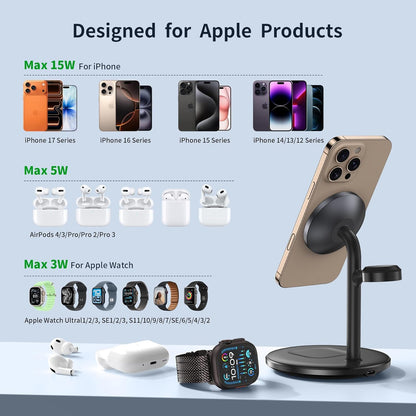XooFly 3 in 1 Wireless Charging Station for Apple Devices, Fast Wireless Mag-Safe Charger Stand with 20W Adapter for iPhone 17 16 15 14 13 12 Pro Max/Air/Plus/Pro,iWatch,AirPods-Gift for Wife&Husband