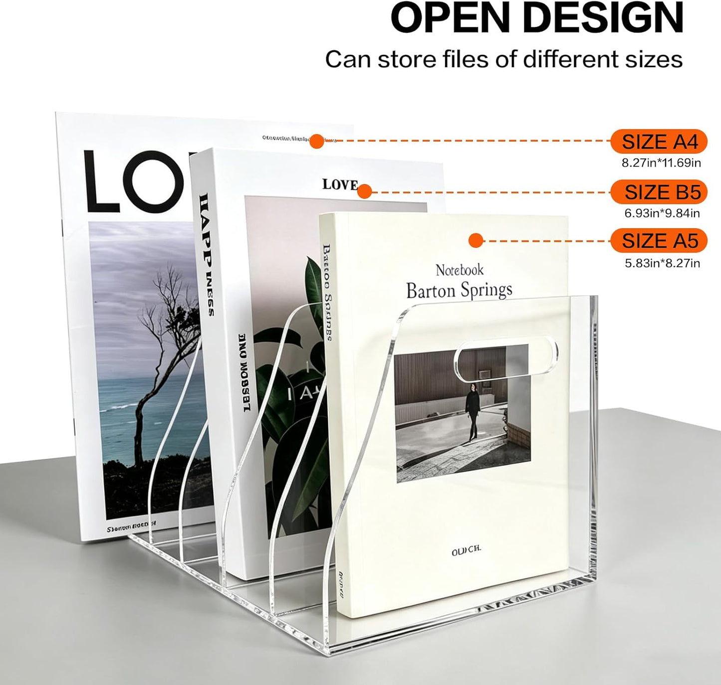 Acrylic Magazine File Holder, 4 Vertical Compartments Desk Document Sorter Organizer, Clear Bookend File Sorter Holder for Office, Documents, Tablets, Magazines, Books