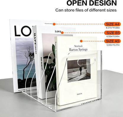 Acrylic Magazine File Holder, 4 Vertical Compartments Desk Document Sorter Organizer, Clear Bookend File Sorter Holder for Office, Documents, Tablets, Magazines, Books