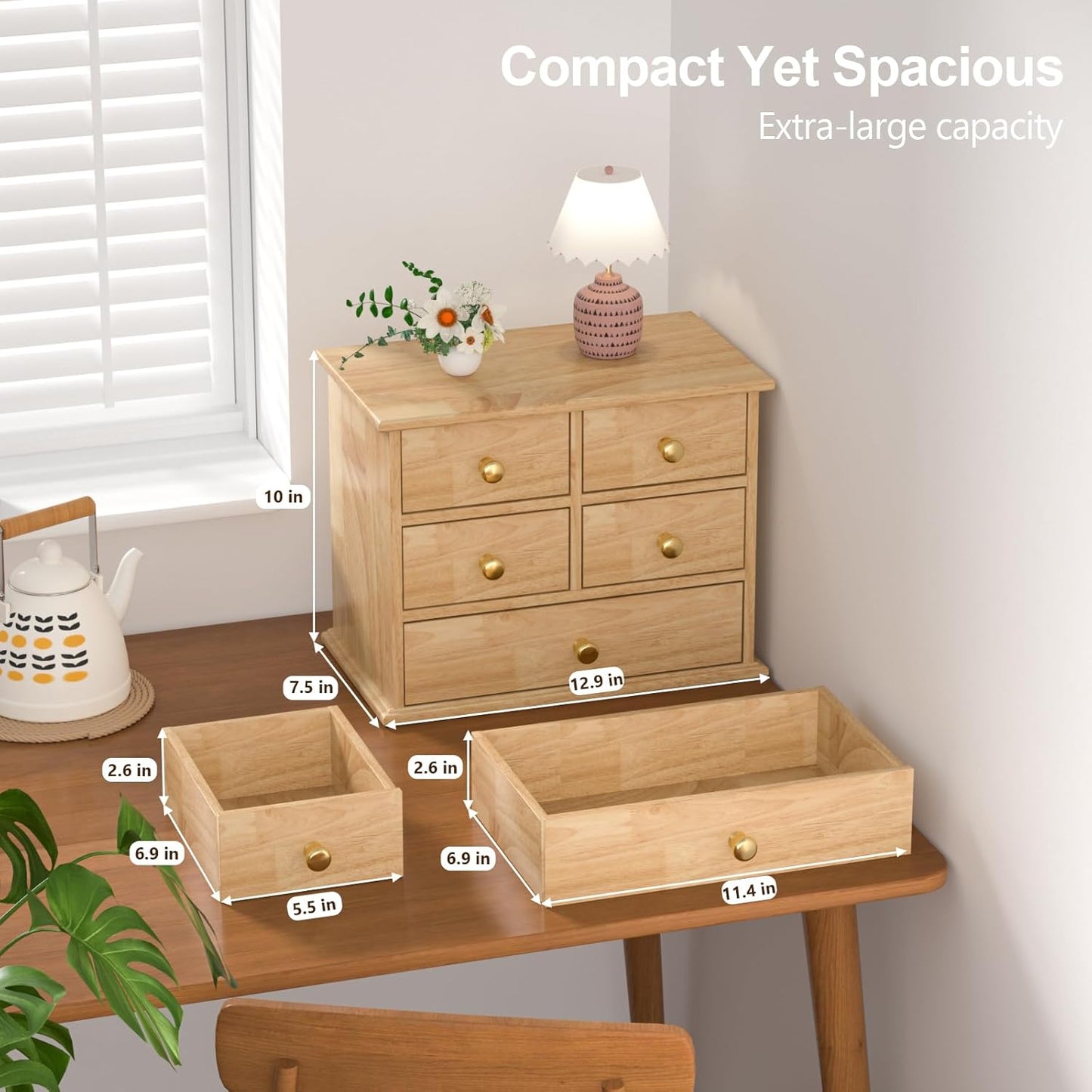 Oak Desk Organizer with Drawers, Durable Wooden Desktop Storage Box with Metal Handles & Non-Slip Silicone Pads, 4 Drawer Tabletop Organizer for Office, Bedroom, Bathroom, Vanity, and Makeup – Walnut