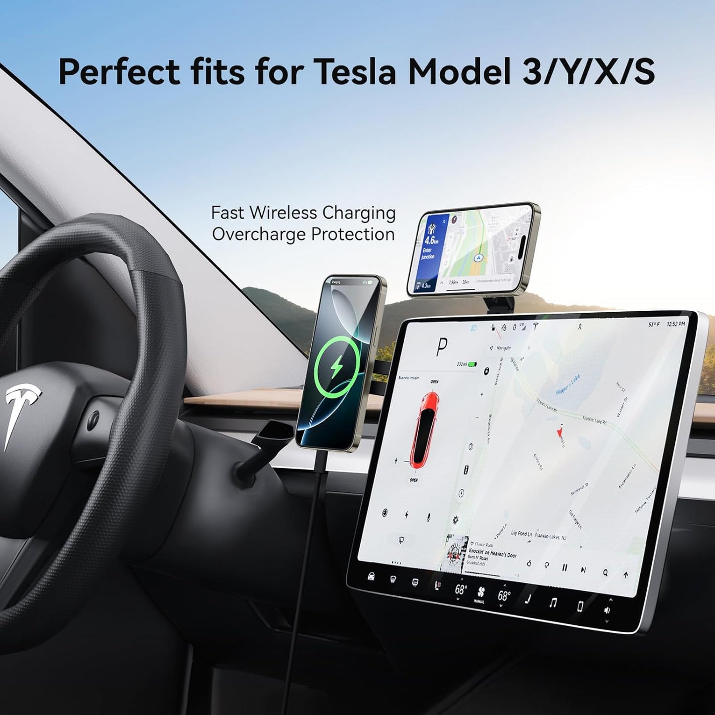 Laptop Phone Holder, Magnetic Phone Stand 15W Fast Wireless Charger for MagSafe for iPhone 17/16/15/14/13/12 & All Phones for Tesla (Black)