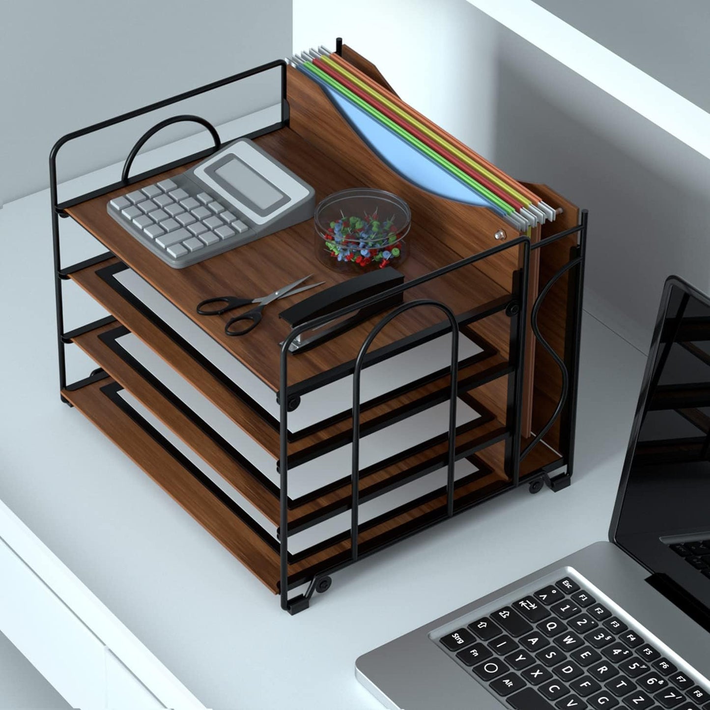 LUCYCAZ 4 Tier Paper Organizer for Desk - Wood Desk Organizer, Metal Paper Tray Organizer, File Organizer for Office Home School, Black