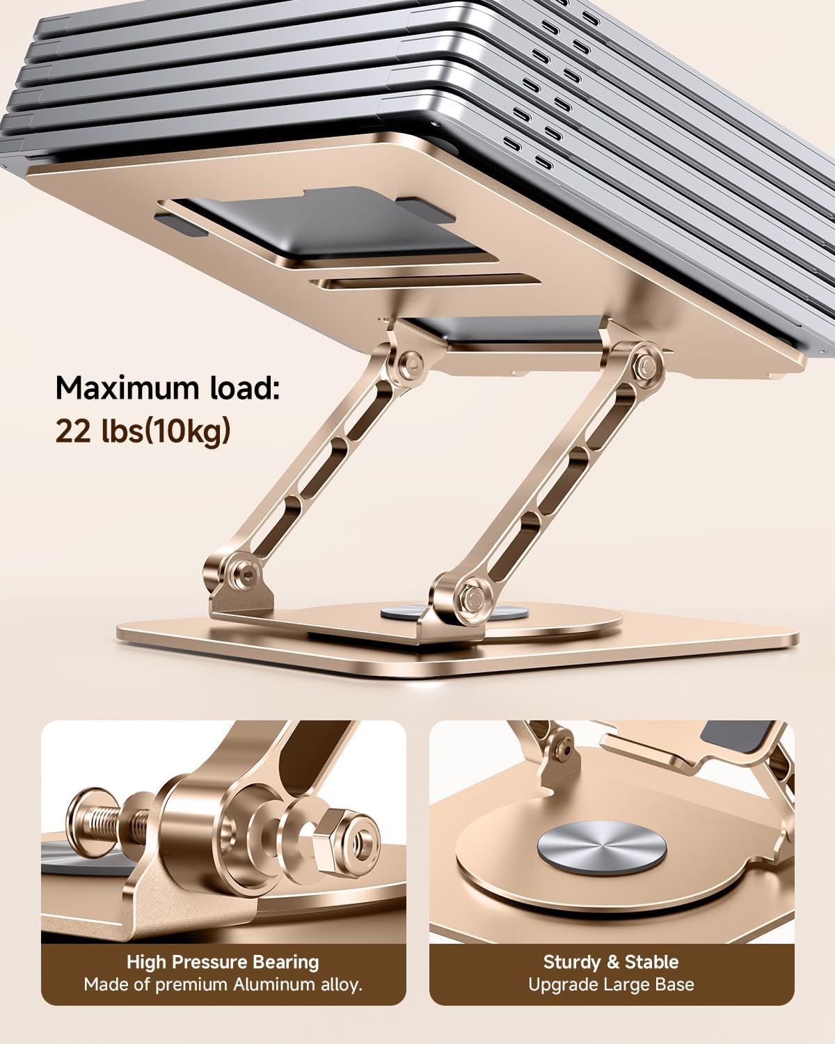 MCHOSE Laptop Stand for Desk, Ergonomic Laptop Riser with 360° Rotating Base, Foldable Notebook Computer Holder Stand Compatible with MacBook Air Pro, Dell XPS, More 10-15" Laptops, Gold