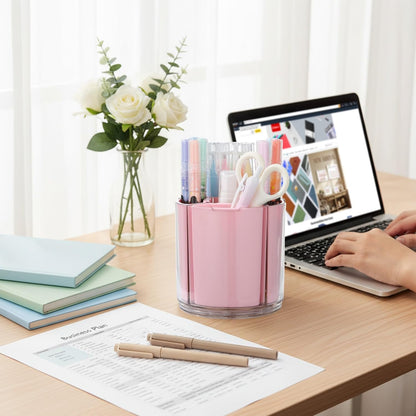 Comix 360° Rotating Pen Holder for Desk, Cute Pencil Holder Pen Organizer, Beige Acrylic Pencil Cup Caddy with 5 Slots for Home School Office Supplies