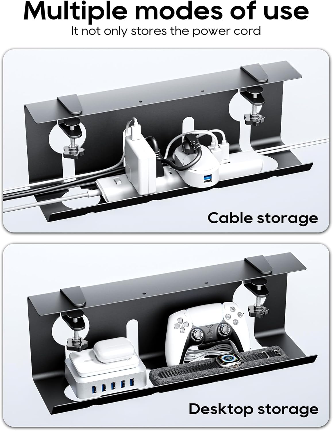 NODOCA No Drill Under Desk Cable Management Tray, 14'' Wire Management, Punch-Free Clamp on, Metal Cable Tray, Wire Organizer Under Desk, Under Desk Basket for Office and Home, Black