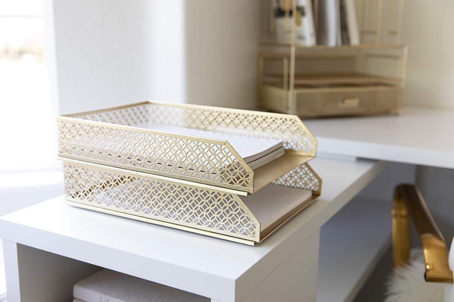 BLU MONACO | Paper Tray Stackable Gold Set of 2 | Stackable File Trays for Desk Organization | Tiered Desk Organizer with Metal Letter Trays