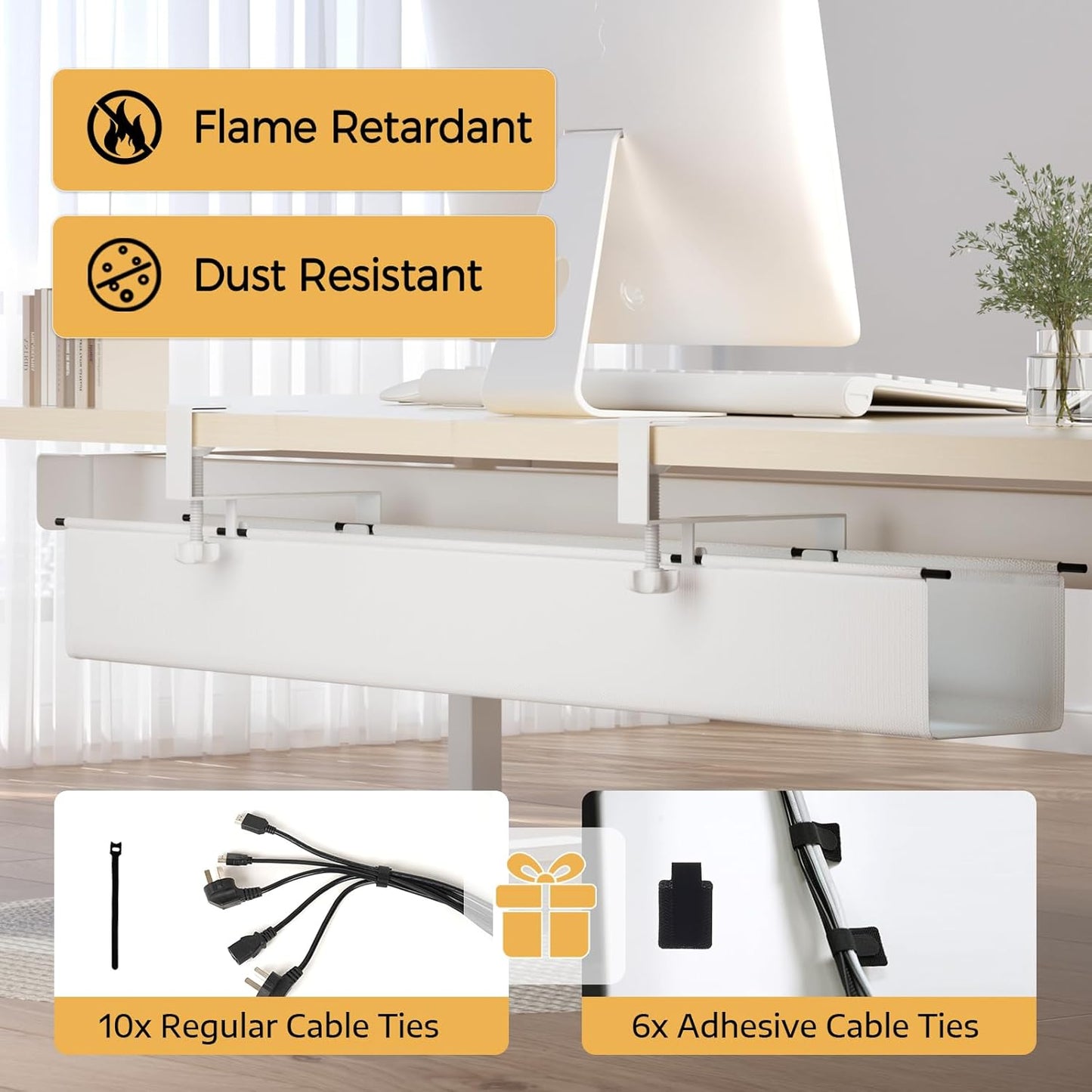 Under Desk Cable Management Tray 27.2" - No Drill Computer Wire Organizer Cable Tray, Cord Hider Clamp Mount with 16X Cable Ties PC Cables Management Cord Holder for Office/Home (Upgrade Fabric,White)
