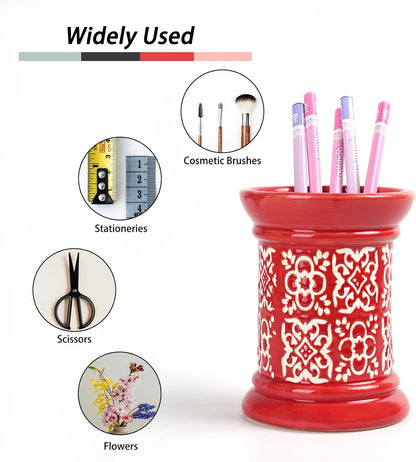 Ceramic Cactus Pen Holder, Cactus Decor Cute Pencil Holder, Makeup Brush Holder for Home, Office Desk Accessories(Dark Green)