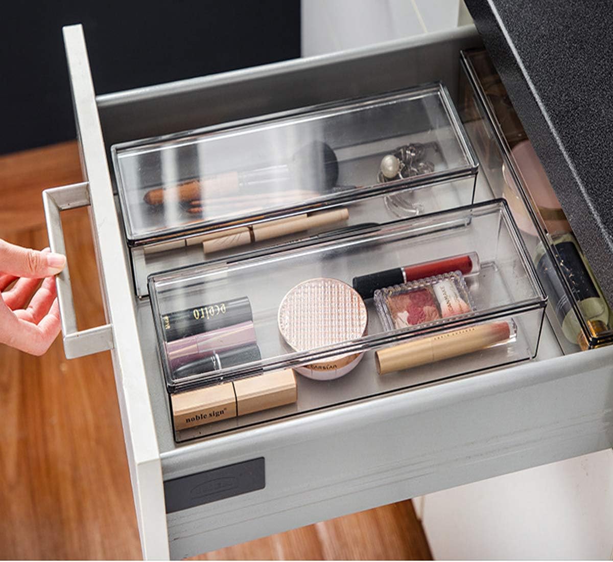 Transparent Flatware Tray Kitchen Drawer Organizer With Lid - Plastic Kitchen Cutlery Tray and Utensil Silverware Storage Container with Cover - Dinnerware Holder for Spoons Forks Knives