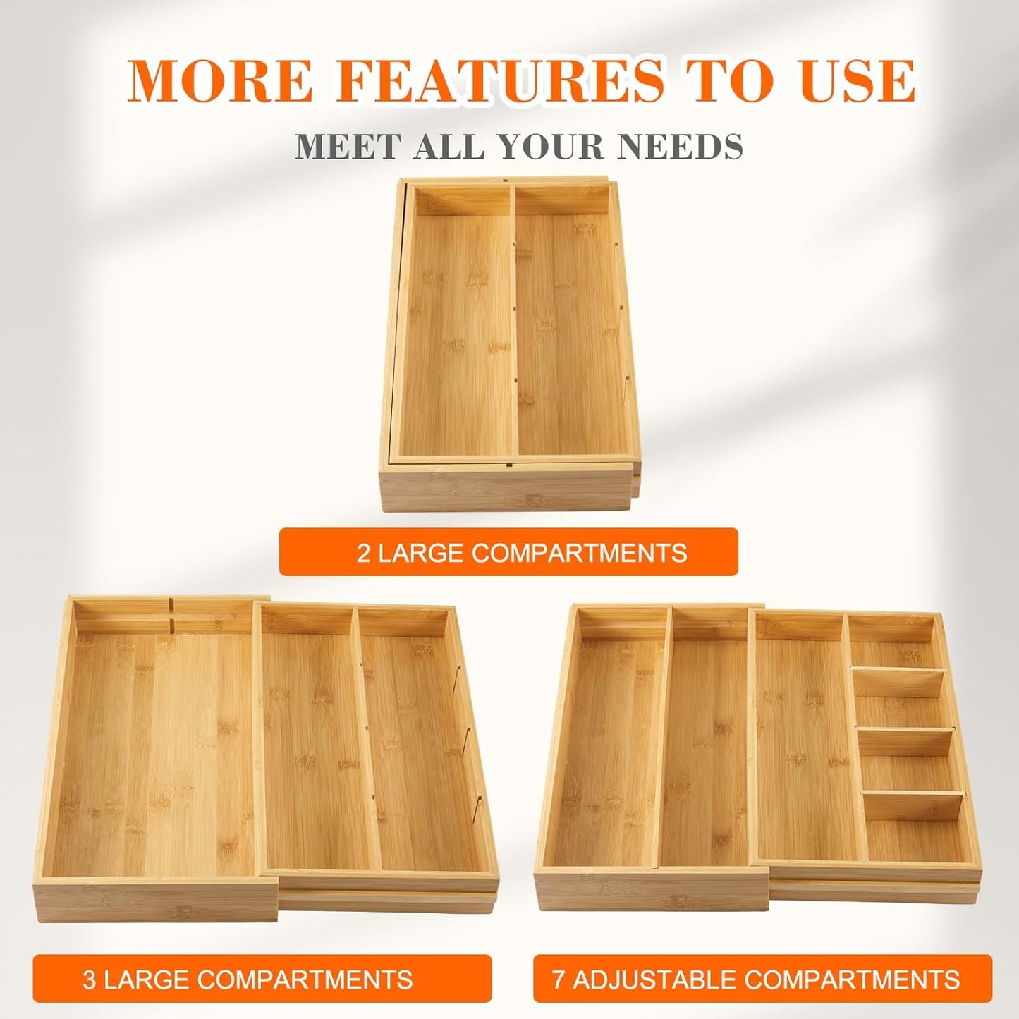 Bamboo Sliding Desk Drawer Organizer 8.2'' up to 16.4'' x 14.4'' x 2.2'' Expandable Office Desk Accessories Supplies Tray with 7 Compartments for Pens, Notebooks, Rulers, and Makeup Jewelry Vanity
