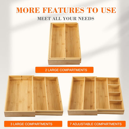 Bamboo Sliding Desk Drawer Organizer 8.2'' up to 16.4'' x 14.4'' x 2.2'' Expandable Office Desk Accessories Supplies Tray with 7 Compartments for Pens, Notebooks, Rulers, and Makeup Jewelry Vanity
