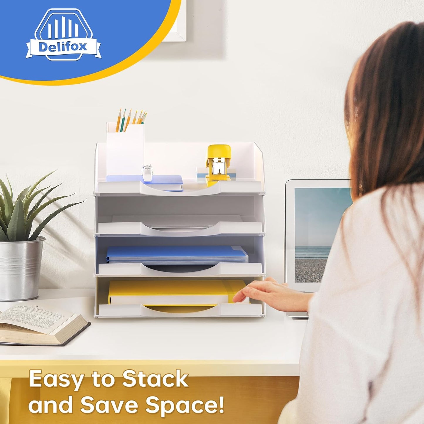 4 Pack Stackable Paper Trays for Letter Documents, Desktop File Organizers for Office Supplies, Stackable Desk Tray Holder for Paper Storage, Black