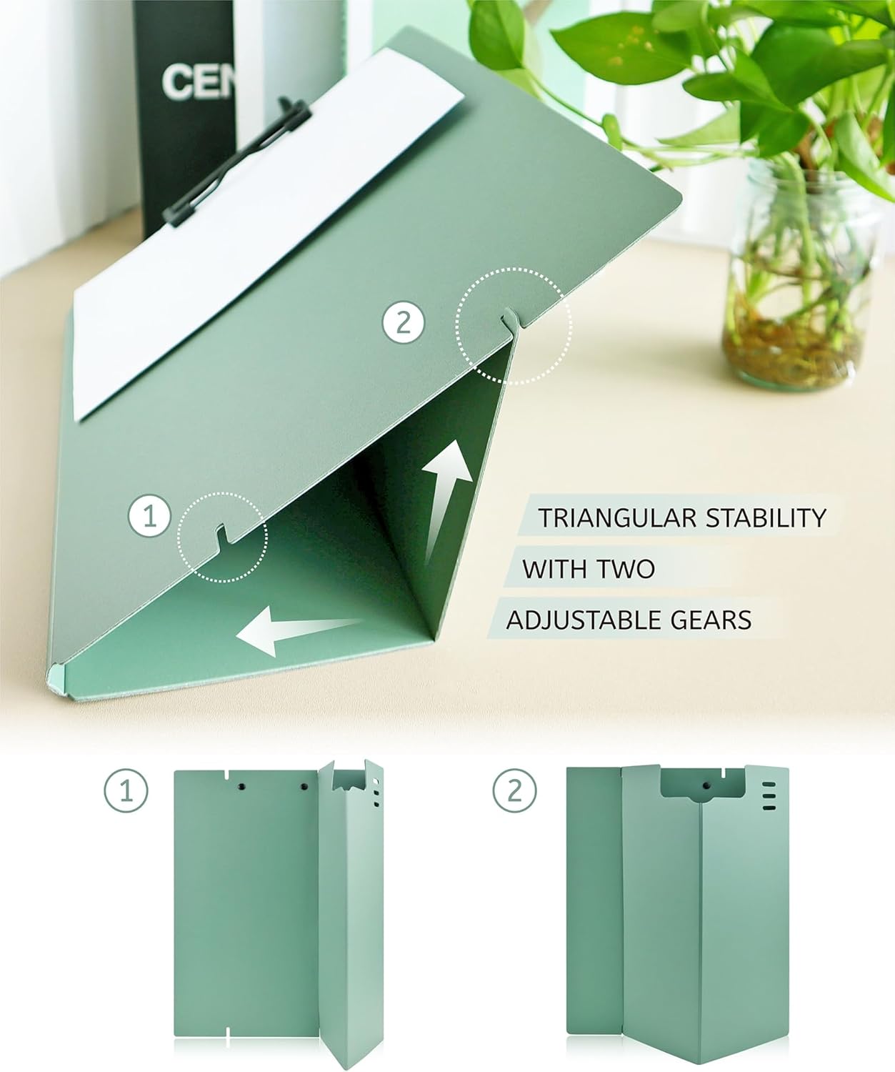 Free Standing Clipboard and Desktop Stand with Adjustable Buckles Easel Back - Foldable Stand and Document Holder for School, Office and Business Use (9.37 x 12.6 inches) (Light Green)