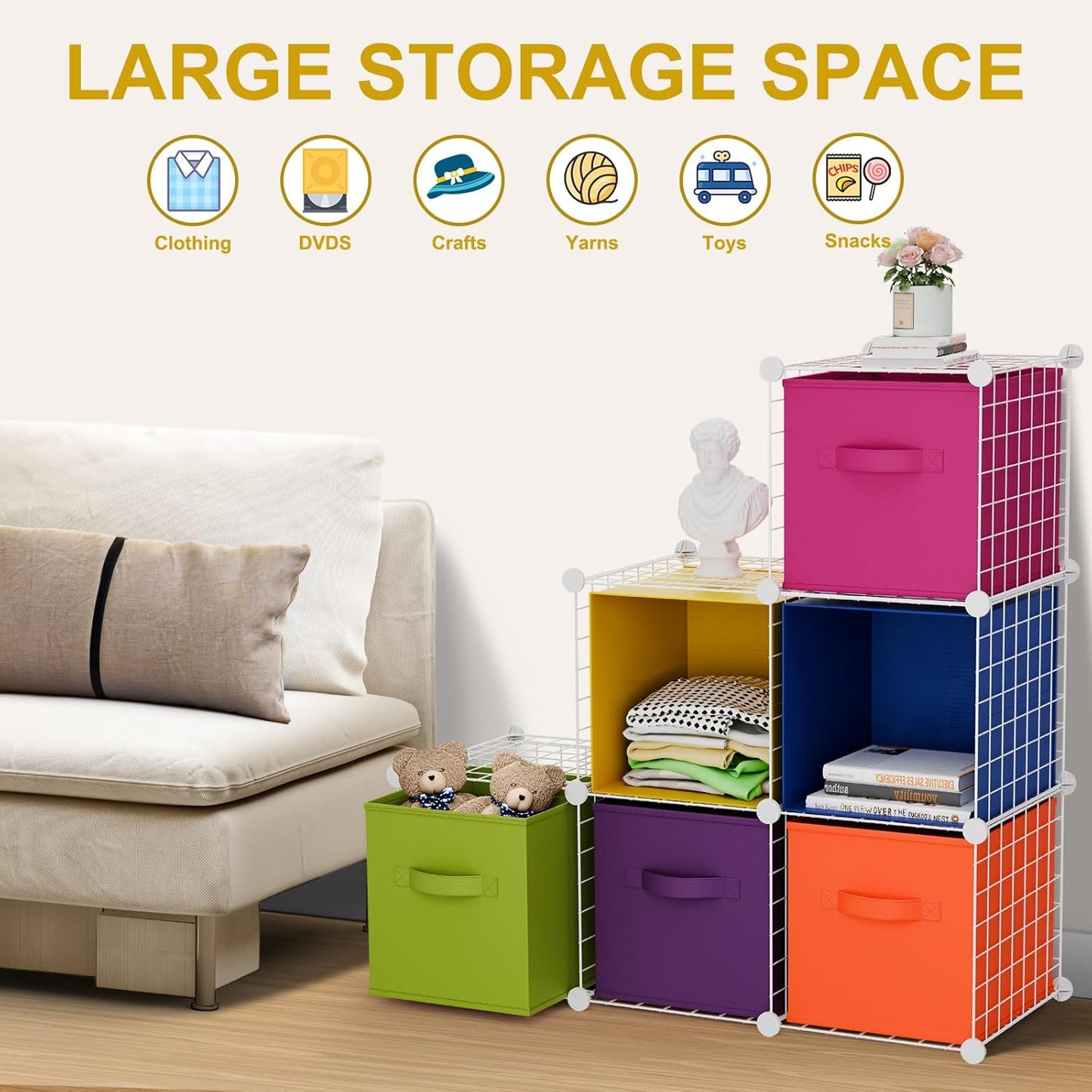 Leinuosen 6 Cube Storage Organizer with Fabric Bins, Wire Grid Stackable Shelves, Modular Storage Units for Bedroom Living Room Office Toys Book Craft(Black,Gray)
