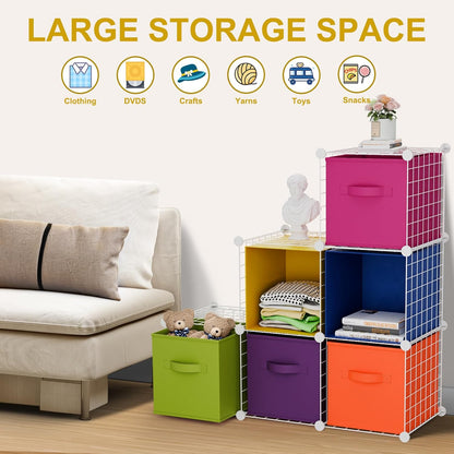 Leinuosen 6 Cube Storage Organizer with Fabric Bins, Wire Grid Stackable Shelves, Modular Storage Units for Bedroom Living Room Office Toys Book Craft(Black,Gray)
