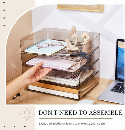 Harloon 4 Tier Paper Organizer Letter Tray Acrylic Desk File Organizer Heavy Duty Stackable Documents Clear Letter Paper Holder Sorter Office Tray for A4, Office Classroom Home File Pad Notebooks