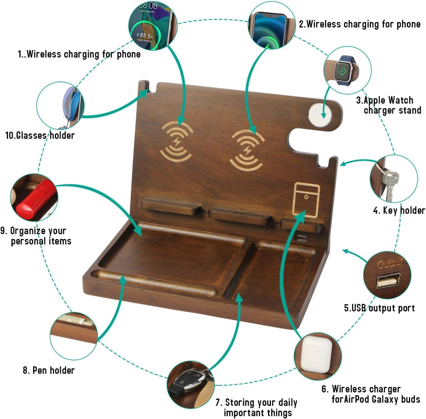 Wood Phone Docking Station Nightstand Organizer for Men 27W 2 Phone Wireless Charging Station with 4 Wireless Charger Stand for iPhone Apple Watch AirPod Mens Birthday Gift Ideas Key Holder