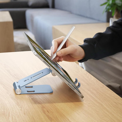 OMOTON Foldable Cell Phone Stand, C4 Portable Aluminum Phone Holder, Adjustable Phone Dock Cradle Compatible with iPhone 17/16/15 Pro Max Air, Samsung Galaxy, Small Tablets, All Smart Phones, Silver