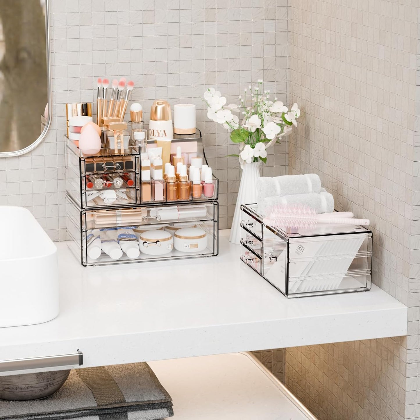 Yieach 3 Pack Clear Makeup Organizer Countertop for Dresser,Vanity and Bathroom Counter Organizer,Tiered Stackable Makeup Acrylic Organizers with 9 Drawer for Skincare,Brush and Make up Holders
