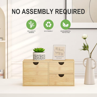 Bamboo Desk Organizer with Drawers - Small Desktop Storage Container for Countertop & Tabletop - No Assembly Required