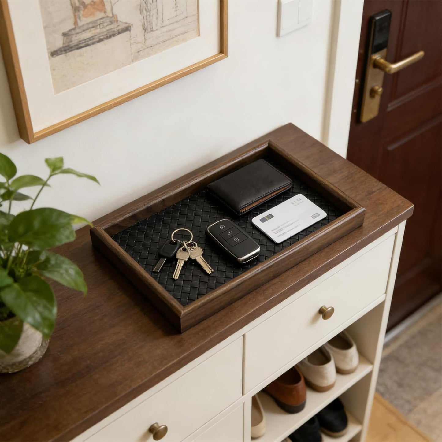 Wooden Valet Tray with Leather Base, EDC Catch All Tray Nightstand Entryway Table Vanity Organizer 11.8x7.9, Black