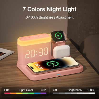 ANJANK Wireless Charging Station,5 in 1 Multiple Charger Stand with Alarm Clock,7 Night Light,Mag-Safe Charging Dock for iPhone 17 16 15 14 13 12 Pro Max Plus,Apple Watch 11/10/9/8,for Airpods,Bedroom