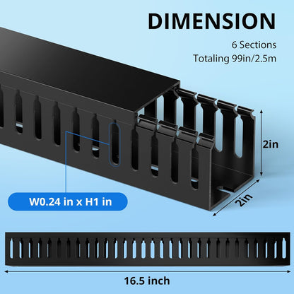 ZhiYo 2 x 2in Professional Server Rack Cable Management Raceway, 99in (6X L16.5in) Cable Raceway Kit, Electrically Safe PVC Open Slot Wire Raceway for Under Desk/Computer/Network Cords, Black