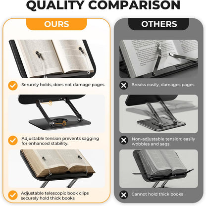 SupeDesk Book Stand for Reading, Adjustable Book Holder with 360° Rotating Bases, Foldable Designs, and Elastic Clips, Multifunctional Display Stand for Recipe, Cookbooks, Magazines, Tablets, Laptops